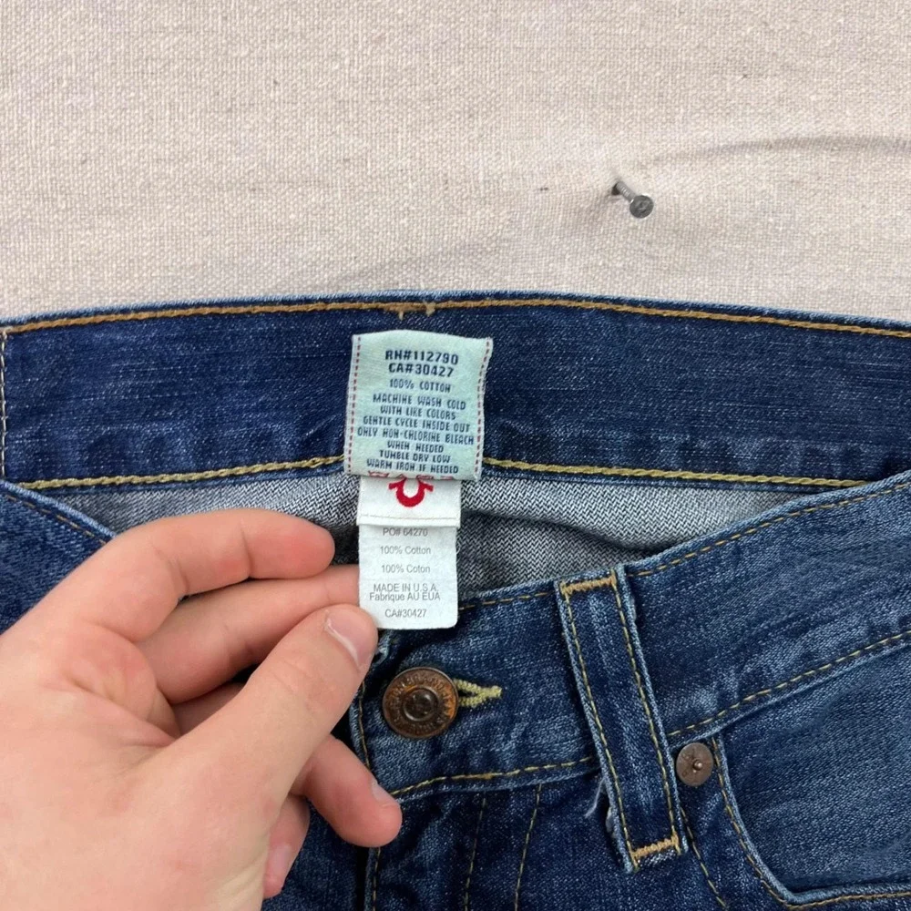 True Religion Straight Leg Jeans Mens 34 Blue Distressed Shredded Made in USA